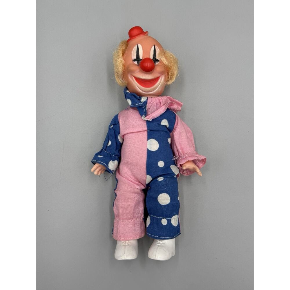 Vintage Plastic Clown Doll Painted Face In Outfit 7”